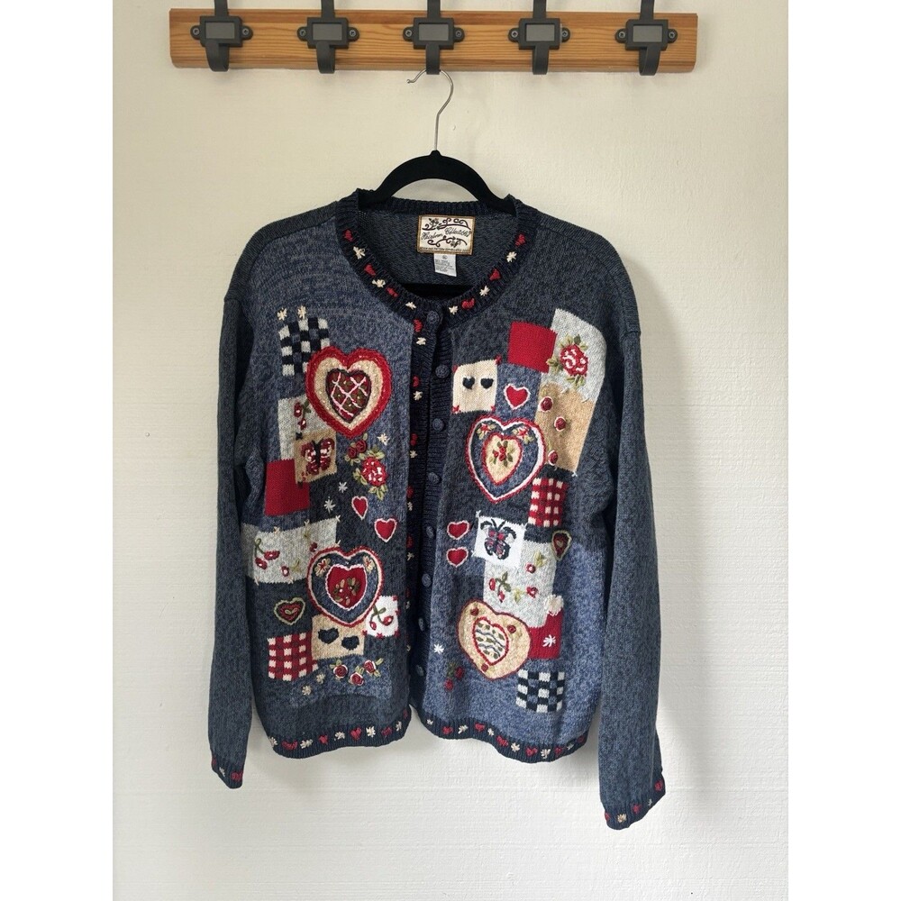 Vintage Heirloom Collectibles Knit Cardigan Sweater XL Patchwork Heart Butterfly
